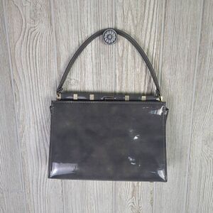 Vintage Mr Mart Womens Patent Leather Handbag Purse Gray Single Handle 11"x12"